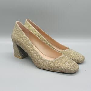 Stuart Weitzman Shoes Womens 9 Gold Glitter Marymid Block Heel Pumps Dress Heels